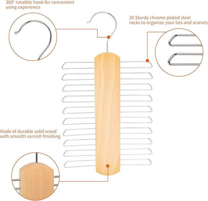 Amazon Basics 20 Bar Wooden Tie Hanger & Belt Rack, Closet Organizer, Natural, 2-Pack