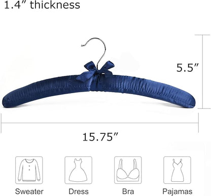 Blue Satin Padded Sweater Hangers 10 Pack, Blouse Hanger with Thick & Soft Foam for Bridal Wedding Dress Lingerie, Smooth Silk Covered Shirt Hanger Without Shoulder Bump