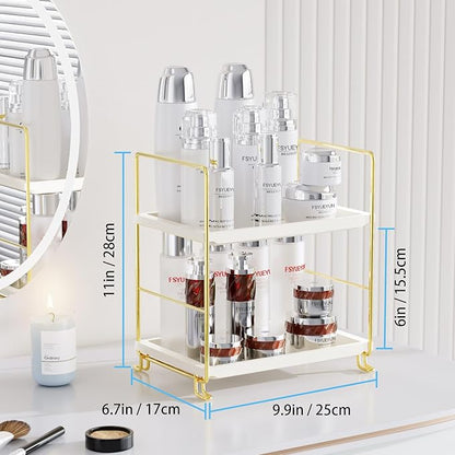 FSyueyun 2-Tier Bathroom Counter Organizer, Tool-Less Vanity Organizer for Skincare, Premium Plastic Bathroom Organizer Tray for Perfume & Cosmetics, （White & Gold）