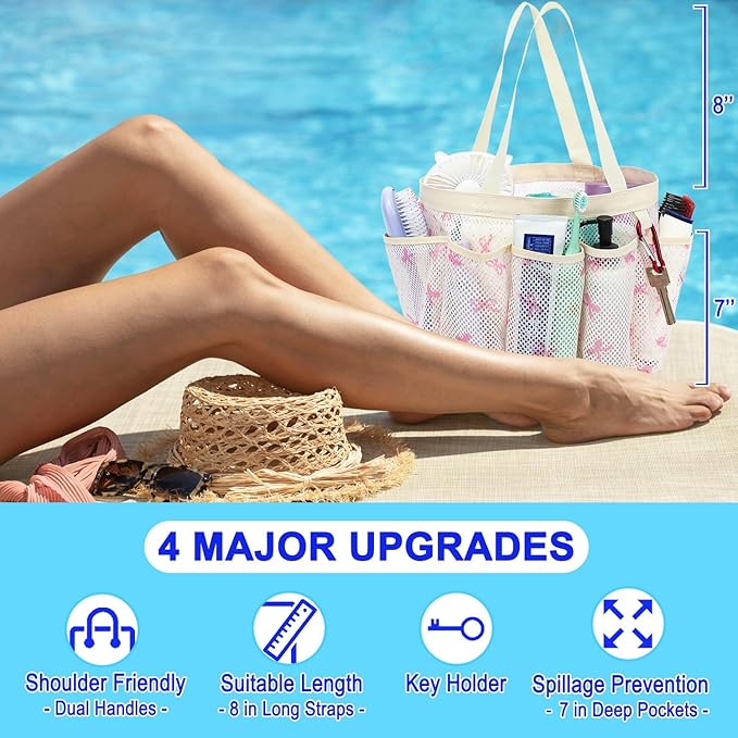 Fammart Mesh Shower Caddy Portable for College Dorm Room Essentials, Odorless Polyester Large Shower Tote Bag with Dual Handles, 8-Pocket Quick-Dry Toiletry Organizer for Travel, Beach, Camping, Gym