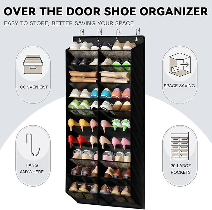 Over The Door Shoe Organizer Storage - Large Size Hanging Shoe Organizer Rack for Door Closet Holds 10 Tiers, Widened and Deep Pockets - Fit All The Family's Sneakers, Boots, Heels,Black