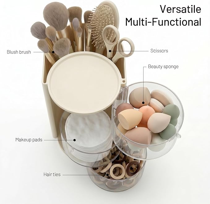 Hair Accessories Organizer with Makeup Brush holder, Bathroom Organizer and Storage, Qtip Holder Dispenser for Necklaces, Earring, Bracelet, Ring, Hair Clip, Cotton Swabs, Rotatable, 3-Layer (Cream)