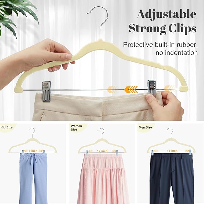 HOUSE DAY Velvet Skirt Hangers 24 Pack, Beige Velvet Pant Hangers with Adjustable Clips, Space Saving Slim Shorts Hanger, Heavy Duty Non Slip Clip Hanger for Pants, Skirts, Shorts