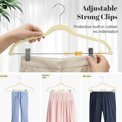 HOUSE DAY Velvet Skirt Hangers 24 Pack, Beige Velvet Pant Hangers with Adjustable Clips, Space Saving Slim Shorts Hanger, Heavy Duty Non Slip Clip Hanger for Pants, Skirts, Shorts