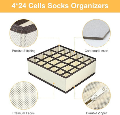 Joyoldelf Sock Drawer Organizer Divider Underwear Organizer 24-cell Fabric Dresser Drawer Organizers Storage Boxes for Socks Lingerie, Handkerchiefs, Ties 4 Pack (Beige)