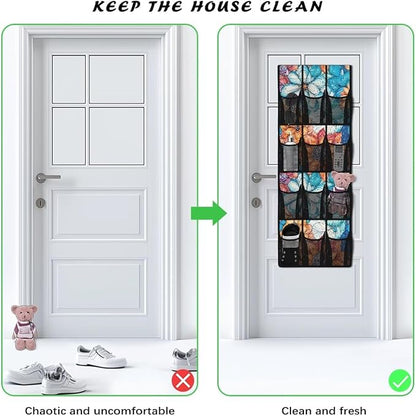 Bohemian Over The Door Shoe Organizer Space Saving Foldable Hanging Storage Holder 12 Mesh Pockets for Kitchen, Office, Dorm Rooms