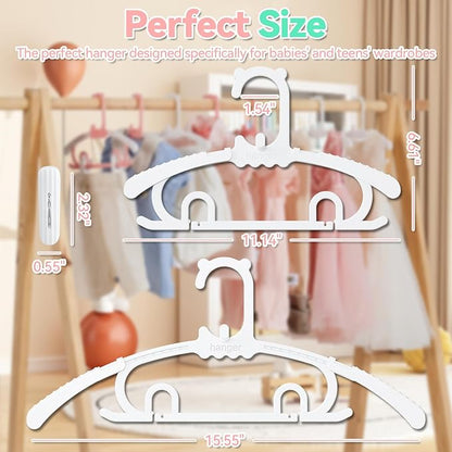 50 Pack Baby Hangers,with 35 Detachable Clips Adjustable 11.14"-15.55", Stackable Kids Closet Hangers, Two Bottom Grooves for Secure Clip Placement.Fits Newborns,Toddlers, Children & Teens(White)