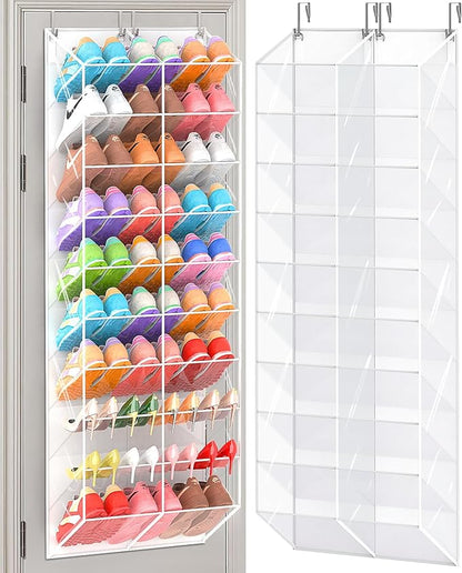 20-30 Pairs Over the Door Shoe Organizer, Transparent PVC Hanging Shoe Rack for Closet, 10-Tier Door Shoes Storage, Crystal-Clear Visibility Fit All the Family's Sneakers, Boots, Heels, White Frame