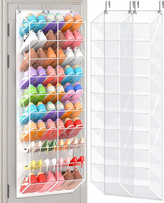 20-30 Pairs Over the Door Shoe Organizer, Transparent PVC Hanging Shoe Rack for Closet, 10-Tier Door Shoes Storage, Crystal-Clear Visibility Fit All the Family's Sneakers, Boots, Heels, White Frame