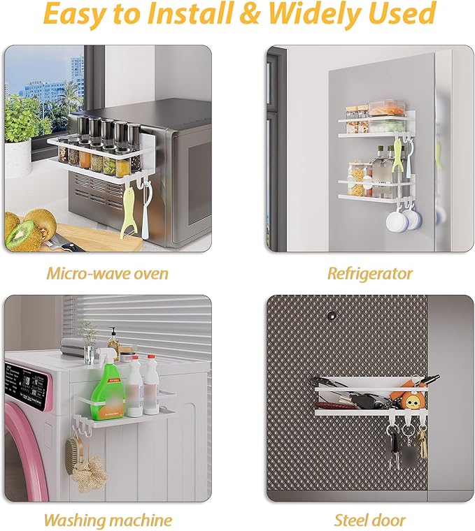 Magnetic Spice Rack for Refrigerator, 2 Pack Magnetic Shelf, Fridge Magnet Organizer with Moveable 6 Hooks, Magnetic Fridge Shelf for Kitchen Organization and Storage(White, 2 Pack)