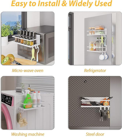 Magnetic Spice Rack for Refrigerator, 2 Pack Magnetic Shelf, Fridge Magnet Organizer with Moveable 6 Hooks, Magnetic Fridge Shelf for Kitchen Organization and Storage(White, 2 Pack)