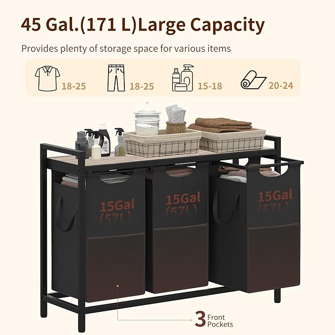 Heybly Laundry Hampers, 3 × 15 Gal (171 L) Laundry Basket with Large Desktop Sorter for Laundry Room organization, Bathroom and Dorm Laundry Bags on Storage Shelf Greige HLH003SG