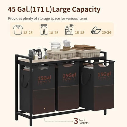 Heybly Laundry Hampers, 3 × 15 Gal (171 L) Laundry Basket with Large Desktop Sorter for Laundry Room organization, Bathroom and Dorm Laundry Bags on Storage Shelf Greige HLH003SG