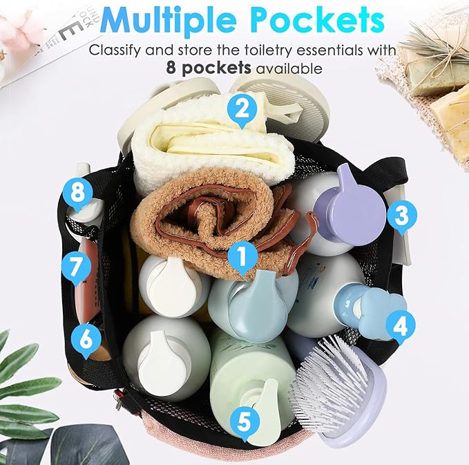 Fammart Mesh Shower Caddy Portable for College Dorm Room Essentials, Odorless Polyester Large Shower Tote Bag with Dual Handles, 8-Pocket Quick-Dry Toiletry Organizer for Travel, Beach, Camping, Gym