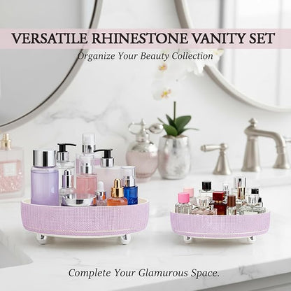 Rotating Bling Perfume Makeup Organizer, Rhinestone Cosmetic Display Cases with 2-Piece Set, 360° Spinning Bathroom Organizers for Countertop, Vanity Table | Purple