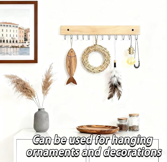 2 PCS Brown Hanging Jewelry Organizer, Wooden Wall Mounted Necklace Holder with 28 Hooks, Jewelry Display Hangers, Coat Rack Belt Organizer for Bags, Ties, Keys(Brown)