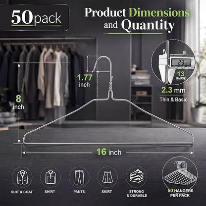 50 Pack Wire Metal Clothes Hangers 16 Inch Thin Hangers for Suits Coats Shirts Pants, Skirts, Space Saving Non Slip, 13 Gauge Silver, for Closet Organization