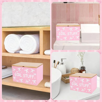 JarThenaAMCS Tampon Holder for Bathroom Pad Organize Case with Lid Coquette Pink Bow Feminine Product Tampon Storage Girl Stuff Box for Bathroom Accessories