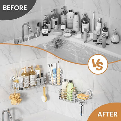 LEVERLOC Shower Caddy Suction Cup, 3 Pack Heavy Duty Bathroom Organizer for Inside Shower with Hooks & Soap Holder, Removable Bathroom Organizer, Rustproof Silver Holder Storage Storage,Silver