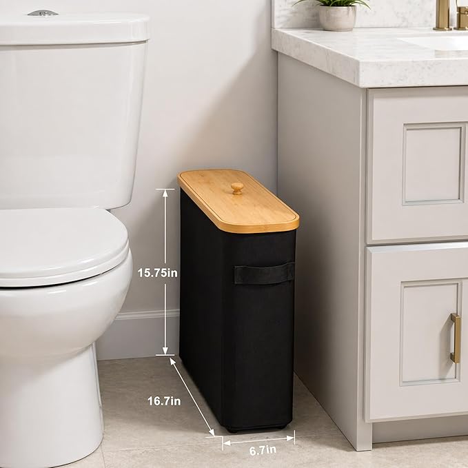 Premium Waterproof Toilet Paper Storage Box with Bamboo Lid - Fits 9 Mega Rolls, 900D Heavy-Duty Fabric Bathroom Organizer Bin with Elevated Base & Handles for Narrow Spaces (17.3"x 6.9"x 15.5")