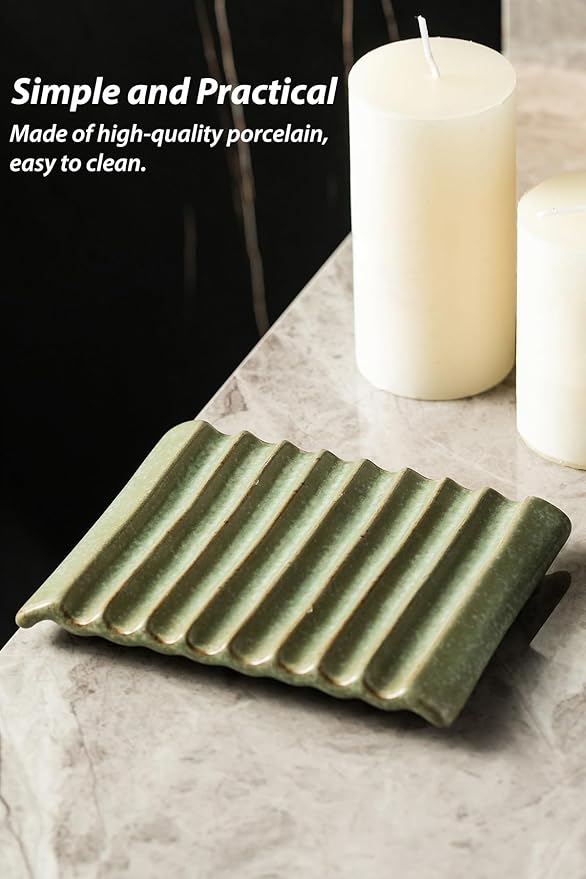 Zoeeker Soap Dish, Ceramic Soap Holder Bar Soap Saver Non-Slip Bathroom Accessories for Sponges, Scrubber, Razor, Green
