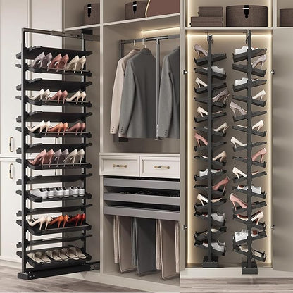 Pull-Out Shoe Rack Organizer for Closet Shoe Cabinet,Adjustable Height Retractable Metal Stackable Shoe Rack, Vertical Shelf Organizer for Small Bedroom Closet, Space Saving Storage, Black(63cm,7 Tier