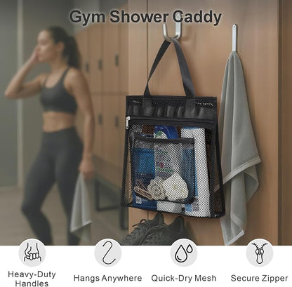 F-color Mesh Shower Caddy Portable Hanging - 3 Pockets Small Shower Bag Tote with Zipper Closure for Camping, Gym Lockers, Travel, Toiletry, Quick Dry Bathroom Essentials with S Hook, Black