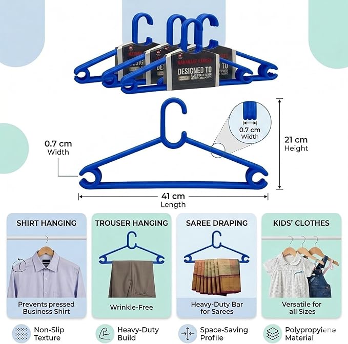 Polypropylene Clothes Hanger Pack of 12 | Heavy Duty, Slim Space Saving Hangers for Wardrobe & Closet Organization | Durable Plastic Hangers for Dresses, Shirts & Coats, Blue