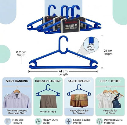 Polypropylene Clothes Hanger Pack of 12 | Heavy Duty, Slim Space Saving Hangers for Wardrobe & Closet Organization | Durable Plastic Hangers for Dresses, Shirts & Coats, Blue