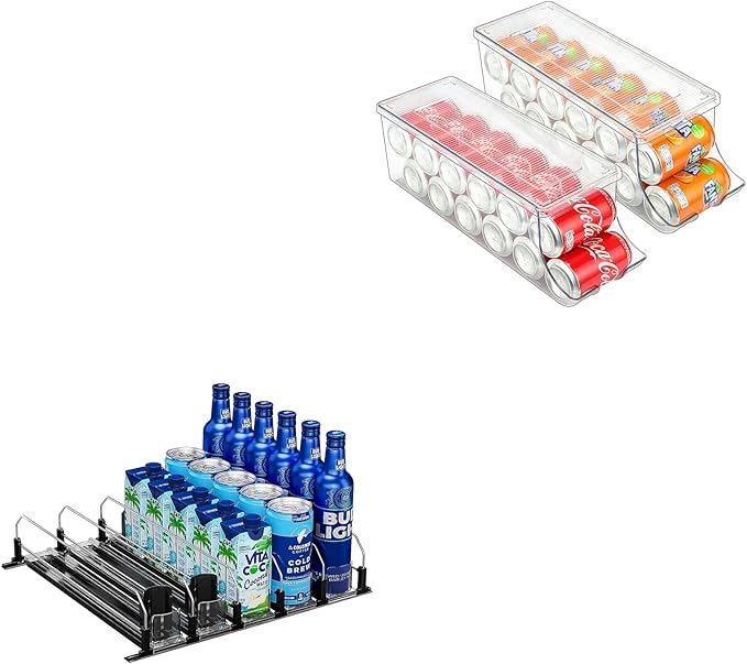 Puricon 2 Pack Soda Can Organizer Dispenser for Refrigerator Bundle with Drink Organizer for Fridge Pusher Glide