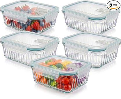 5-Packs, 36 Oz Glass Meal Prep Containers with Snap Locking Lids Glass Food Containers,Airtight Lunch Container,Microwave, Oven, Freezer and Dishwasher