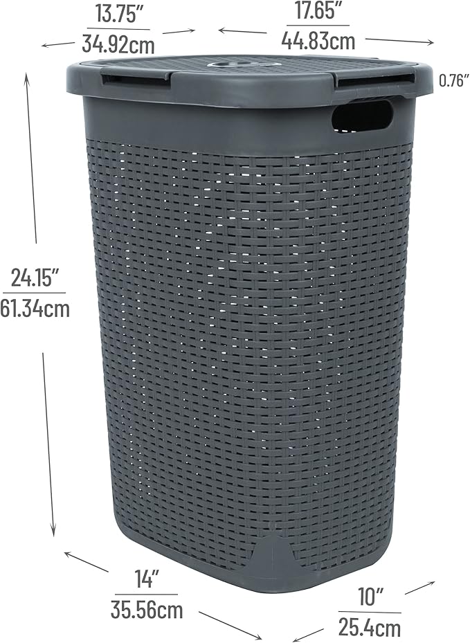 Mind Reader Slim Laundry Hamper with Lid, 60L Tall Clothes Basket, Narrow Tapered Design for Bathrooms, Closets and Laundry Rooms, Plastic, Gray
