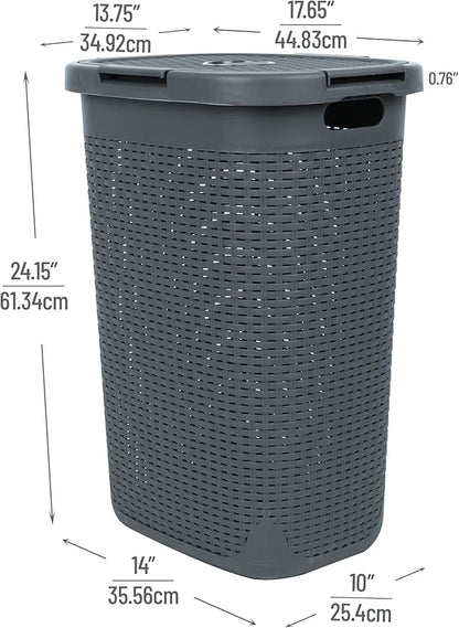 Mind Reader 60L Slim Laundry Hamper, Clothes Basket, Lid, Wicker Style, Plastic, 17.65"L x 13.75"W x 24.15"H, Set of 2, Gray