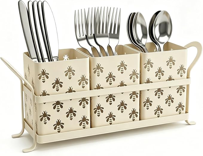 Silverware Caddy with Bee Design, 3 Compartment Metal Utensil Holder with Handles,Silverware Holder for Party Countertop, Kitchen, Outdoor, Cutlery Holder Organizer for Spoon Fork,Cream White