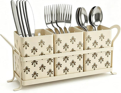 Silverware Caddy with Bee Design, 3 Compartment Metal Utensil Holder with Handles,Silverware Holder for Party Countertop, Kitchen, Outdoor, Cutlery Holder Organizer for Spoon Fork,Cream White