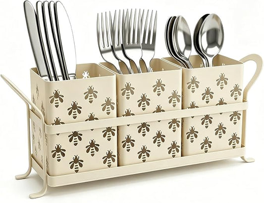 Silverware Caddy with Bee Design, 3 Compartment Metal Utensil Holder with Handles,Silverware Holder for Party Countertop, Kitchen, Outdoor, Cutlery Holder Organizer for Spoon Fork,Cream White