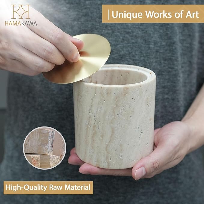 Nartural Marble Qtip Holder with Brass Lid, Beige Travertine Cotton Swab Jar, Modern Round Canister, Small Apothecary Storage Jars for Bathroom, Bedroom, Vanity, Kitchen Cabinet