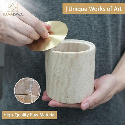 Nartural Marble Qtip Holder with Brass Lid, Beige Travertine Cotton Swab Jar, Modern Round Canister, Small Apothecary Storage Jars for Bathroom, Bedroom, Vanity, Kitchen Cabinet