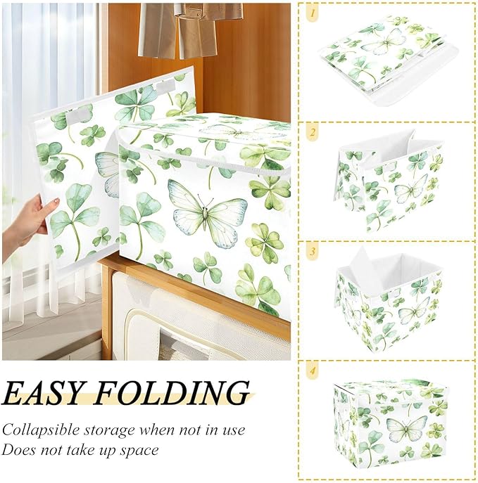 senya St. Patrick's Day Baskets Collapsible Storage Bins with Lids, Green Watercolor Butterfly Clover Storage Boxes Clothes Baskets for Organizing