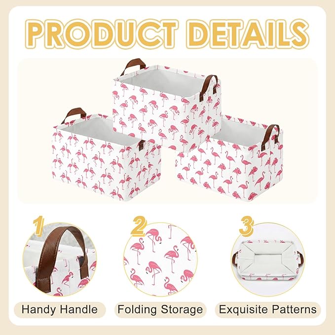 3 Pack Flamingo Storage Baskets for Gifts Summer Flamingo Empty Large Collapsible Toy Storage Bins Box Tropical Canvas Baskets Organizer with Handles Nursery Decor Laundry Basket for Shelves Closet