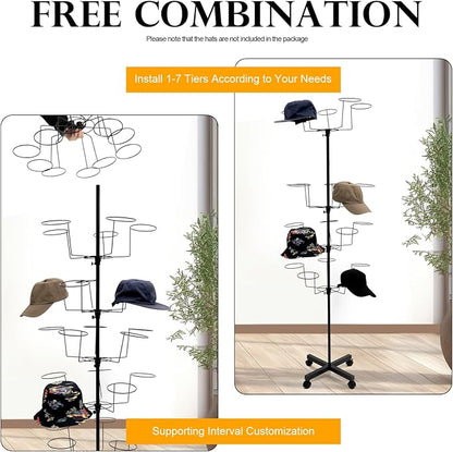 7-Tier Rotating Hat Display Rack Stand 35 Cap Holders,Metal Freestanding Hat Storage Rack,Cowboy Baseball Hat Organizer Rack with Wheels,Adjustable Height Hat Holder for Home,Retail,Clothing Store