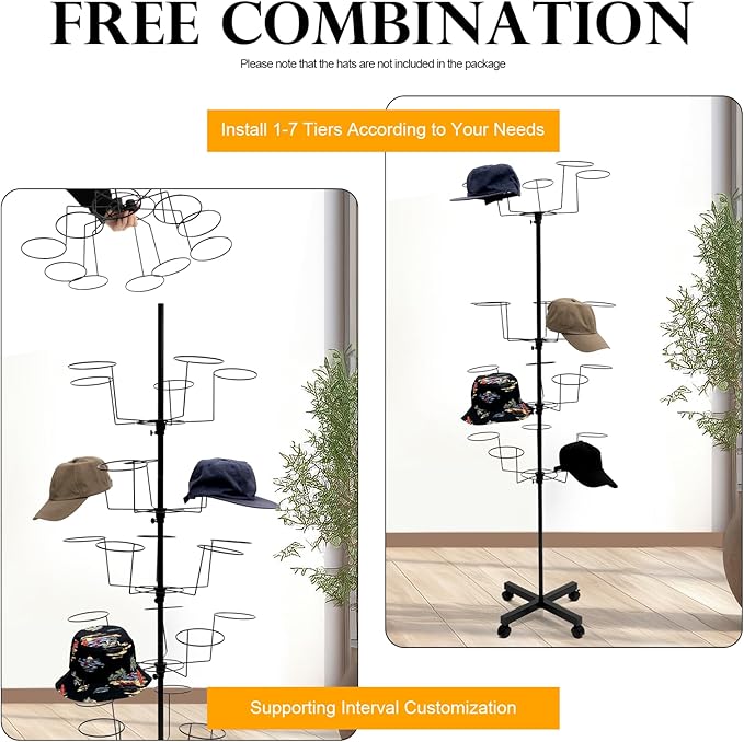 7-Tier Rotating Hat Display Rack, 35 Hooks Metal Freestanding Retail Display Stand Commercial Large Headwear Wig Metal Floor Rack for Hats and Wigs (Black)