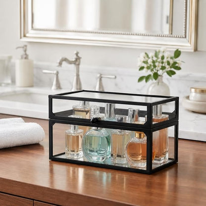 Cologne Organizer for Men, Glass Perfume Organizer Box with Flip Top Lid, Dustproof Perfume Storage Case, Clear Cologne Holder for Vanity, Bathroom Countertop, Watch, Jewelry, Fragrance Display, Black
