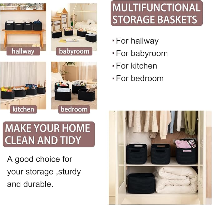 OIAHOMY 4 Pack Storage Baskets for Organizing, Cube Storage Bins for Shelves, Rectangle Storage Baskets With Handles, Woven Baskets for Storage, 16''Lx12''Wx8''H, Black