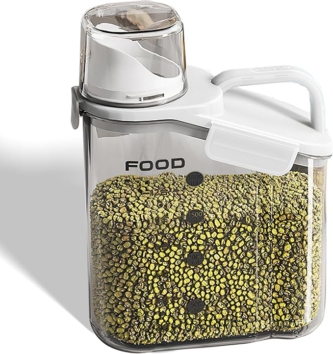 8.27" x 4.33" x 10.63" Dry Food Storage Container with Measuring Cup Lid – 2L Cereal Dispenser Rice Storage Box with Handle – BPA-Free Airtight Grain Container for Kitchen, Pantry, or Pet Food