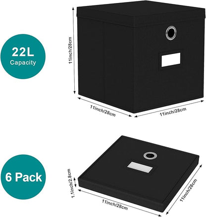 Pezin & Hulin Collapsible Fabric Storage Cubes with Lids, Foldable Cube Storage Bins for Closet Organzier, Lidded Home Storage Boxes with Label Cards, 6-Pack, Black (11×11×11 inches)
