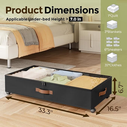 LAMU Under Bed Storage with Wheels, 2 Pack Under Bed Storage Containers with Clear Lids & Label, Rolling Under Bed Drawers for Clothes, Shoes, Blankets, Black