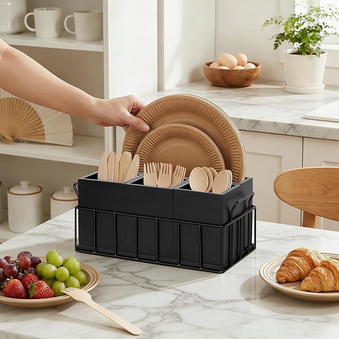 Silverware Holder for Party, Wood Utensil Holder with 4 Removable Compartments for Countertop, Silverware Caddy Flatware Organizer Box for Utensil Spoons Forks Plates Napkin, Detachable Sevring Caddy