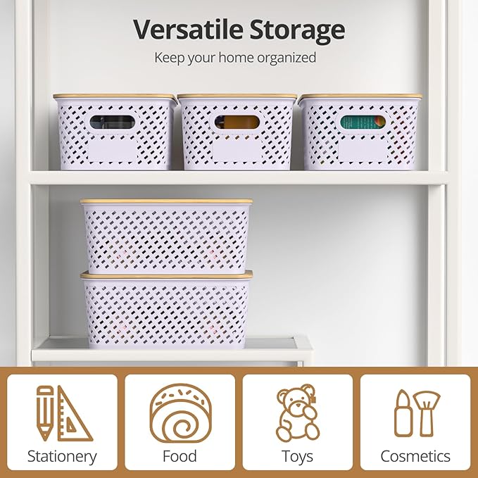 Plastic Storage Bins with Bamboo Lids, Stackable Small Box Baskets for Organizing and Containers for Shelves Drawers Desktop Closet Pantry Classroom Office Home, 6 Pack 10.2"x7.2"x4.1" Lavender