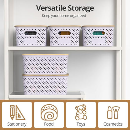 Plastic Storage Bins with Bamboo Lids, Stackable Small Box Baskets for Organizing and Containers for Shelves Drawers Desktop Closet Pantry Classroom Office Home, 6 Pack 10.2"x7.2"x4.1" Lavender
